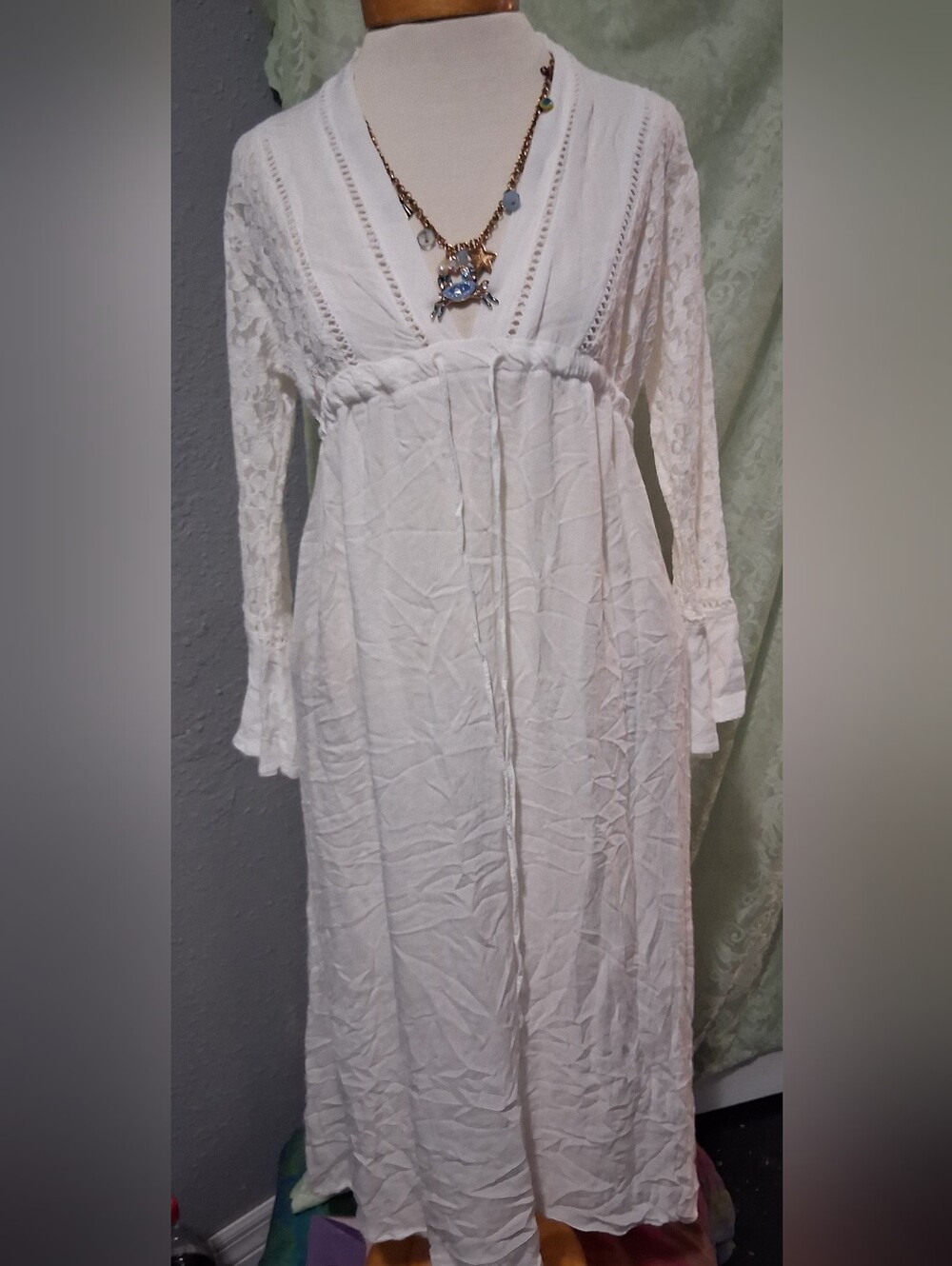 Lulla Collection By BINDYA  White Lace-Trim Long Nightgown Robe